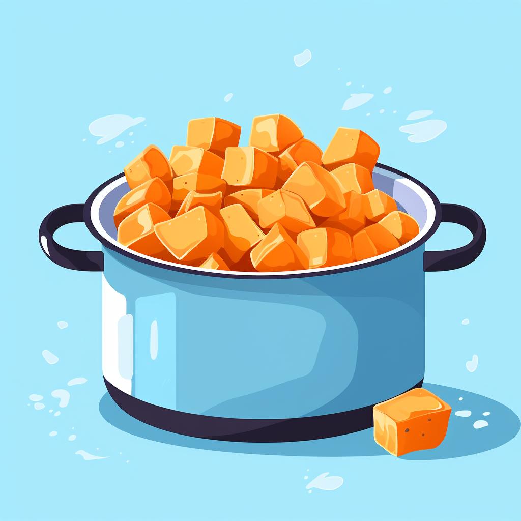 Boiled sweet potato cubes in a pot.