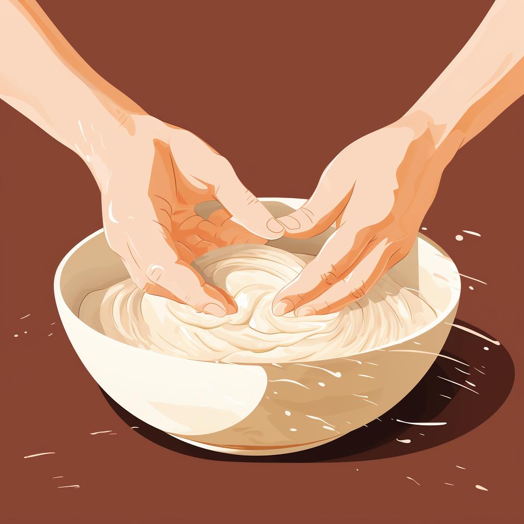 Dough being kneaded on a floured surface
