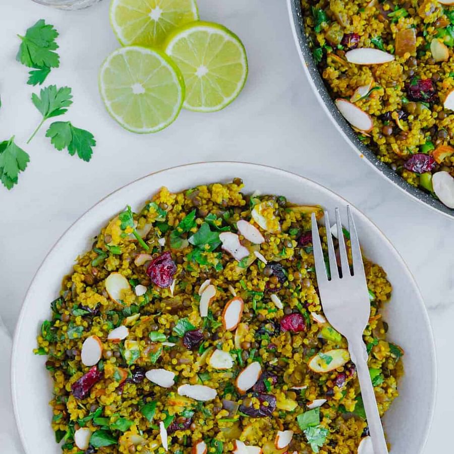 Colorful and appetizing vegan quinoa and lentil salad