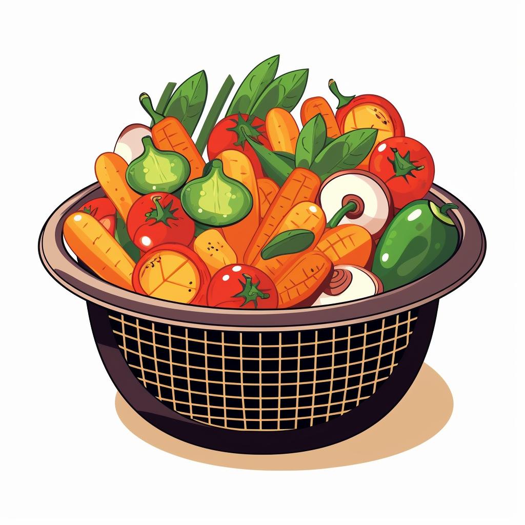 Air fryer basket with a single layer of vegetables