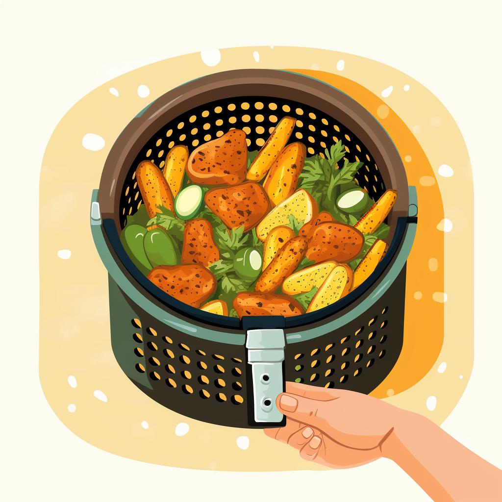 Checking cooked vegetables in an air fryer basket
