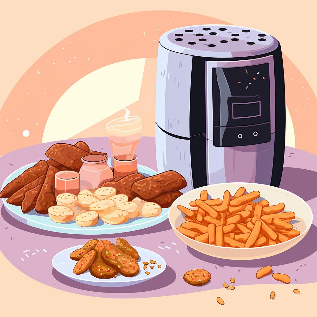 Clean air fryer next to a plate of air fried vegan snacks