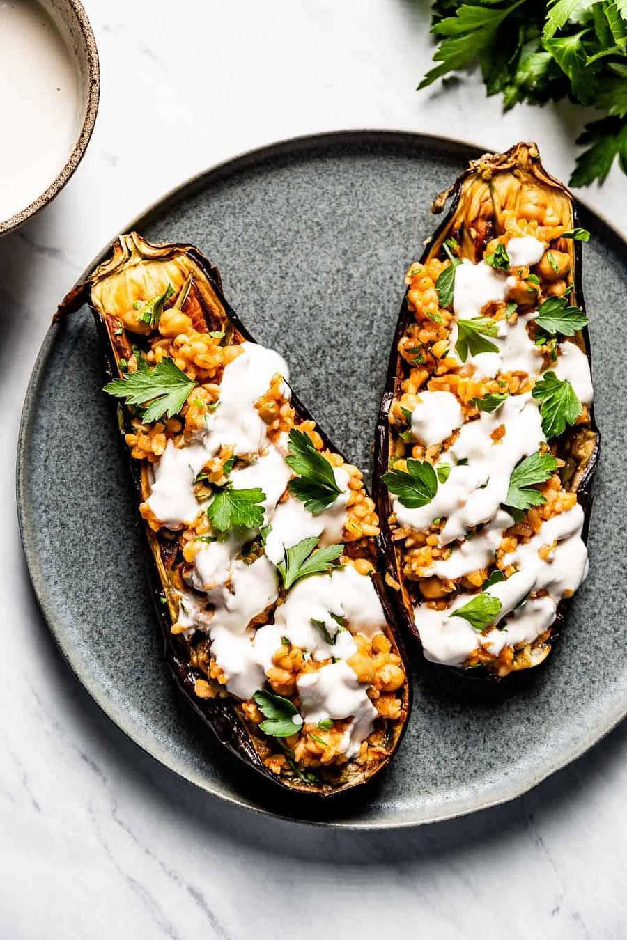 Vegan stuffed aubergine dish