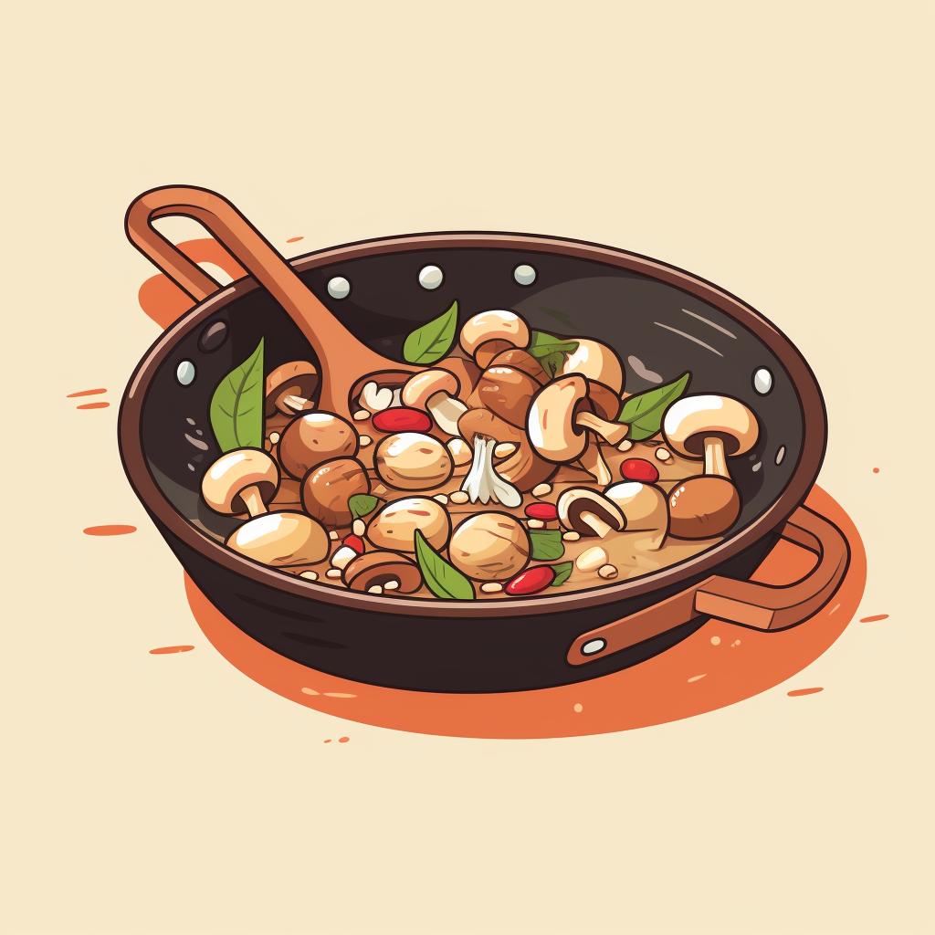 Mushrooms, garlic, and ginger being sautéed in a pan