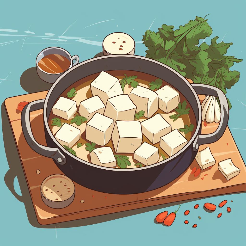 Simmering tofu and ingredients in a pan